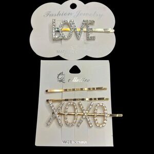Set of 2 Sparkle Rhinestone LOVE Hair Clip XOXO Bobby Pins Set Fashion Jewelry